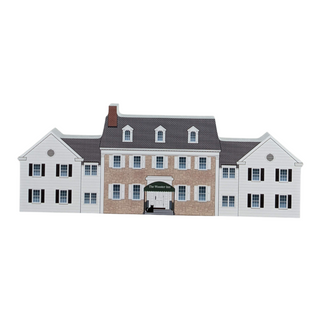 3/4" thick wooden cutout  of a two-story building with white and brick facade on a white background