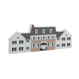 3/4" thick wooden cutout  of a multi-story building with white and brick facade on a white background