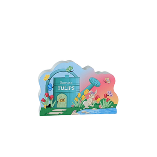 3/4" thick wooden replica with an illustration with garden-themed illustrations on a white background
