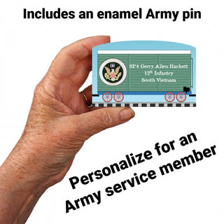 Hand holding a 3/4" Wooden replica with a  with a military design, text about an enamel Army pin, and customization for an Army service member.