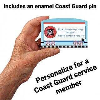 Hand holding a Coast Guard 3/4" Wooden replica with text about personalizing for a Coast Guard service member.