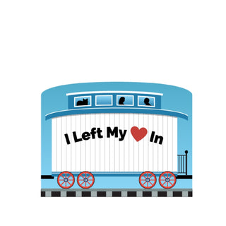 3/4" Wooden replica with a illustration  train with 'I Left My Heart In' text on a white background