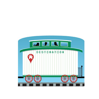 3/4" Wooden replica with a Illustration of a train car with 'DESTINATION' text on a white background