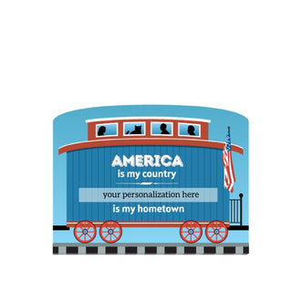 3/4" Wooden replica with a Blue train car with 'America is my country' text on a white background