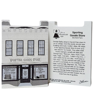 3/4" thick wooden replica with an illustration of a  Sporting Goods Store with text on a white background