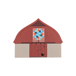 3/4" thick wooden illustration of a red barn with a quilt design