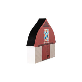 3/4" thick wooden illustration of a red barn with a quilt design