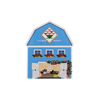 3/4" thick wooden illustration of a blue barn with decorative elements on a white background