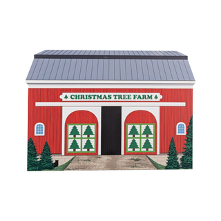 3/4" thick wooden illustration of a red barn with 'A Christmas Tree Farm' sign on a white background