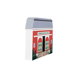 3/4" thick wooden illustration of a red barn with 'A Christmas Tree Farm' sign on a white background