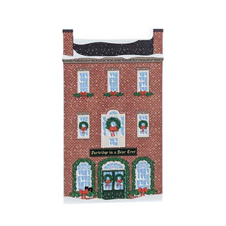 3/4" thick wooden Christmas-themed building with wreaths and red bows on a white background