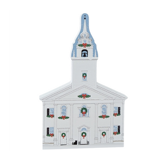 3/4" thick wooden Decorative church model with Christmas wreaths and ribbons on a white background