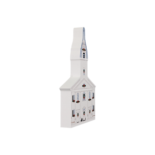 3/4" thick wooden Decorative church model with Christmas wreaths and ribbons on a white background