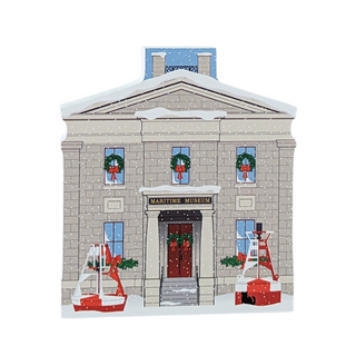 3/4" thick wooden  model of a building labeled 'Maritime Museum' with Christmas decorations.