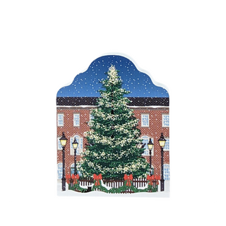 3/4" thick wooden replica with a Christmas tree in front of a brick building and street lamps.