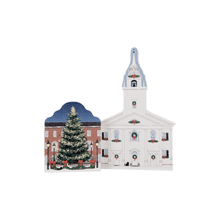3/4" thick wooden Christmas-themed scene with a decorated tree and brick building featuring festive window displays.