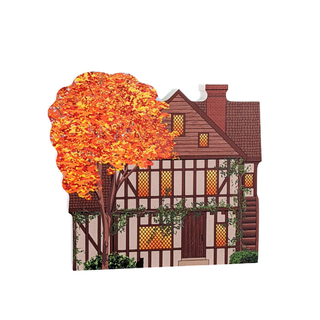 3/4" thick wooden Illustration of a half-timbered house with an autumn tree in front