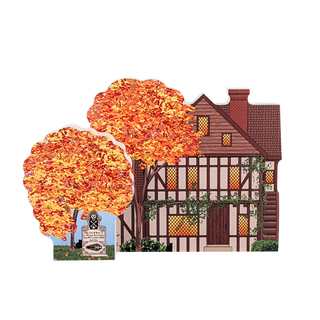 Decorative 3/4" thick wooden house with autumn trees and a sign.