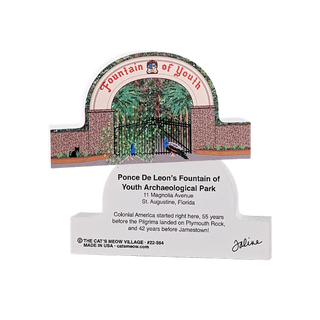3/4" thick wooden illustration of the fountain of youth entrance and a back model with text on a white background