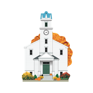 3/4" thick wooden White church with a clock tower and autumn foliage on a white background