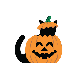 3/4" thick wooden Cartoon pumpkin with a face and black cat tail on a white background
