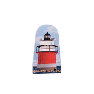 Decorative wooden replica with a red and white lighthouse design with clouds 