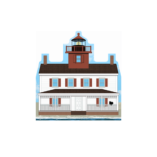 3/4" thick wooden Illustration of a lighthouse building with a light tower on a white background