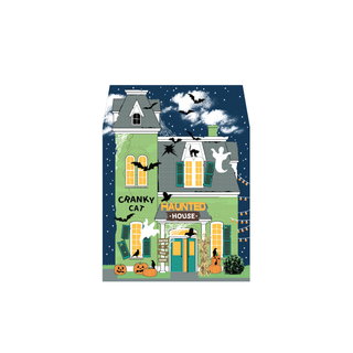 3/4" thick wooden Halloween-themed haunted house with pumpkins and bats on a blue background