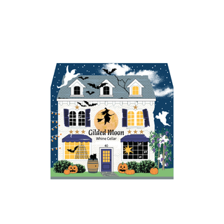 3/4" thick wooden Halloween-themed house illustration with pumpkins, ghosts, and bats on a blue background.