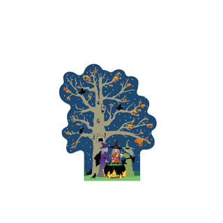 3/4" thick wooden Halloween-themed tree with witches and a cauldron at night