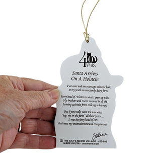 back of ornament with text and a cat silhouette held by a hand on a white background