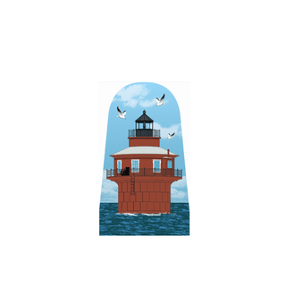 3/4" thick wooden replica with an Illustration of a lighthouse design on a white background