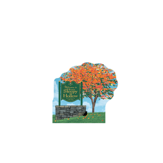 3/4" thick wooden souvenir of Sleepy Hollow town sign with fall tree on white background