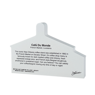 3/4" thick wooden model with text about Café Du Monde on a white background