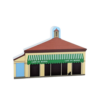 3/4" thick wooden illustration of Café du Monde with green awning and red roof on a white background