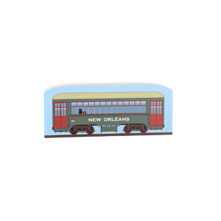 3/4" thick wooden illustration of a vintage streetcar with 'New Orleans' text on a white background