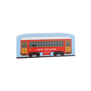 3/4" thick wooden illustration of a red streetcar with 'New Orleans' text on a light blue background