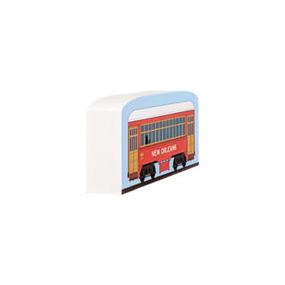 3/4" thick wooden illustration of a red streetcar with 'New Orleans' text on a light blue background