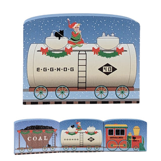 3/4" thick wooden replica with an illustration of a  festive train design featuring characters and text on a blue background.