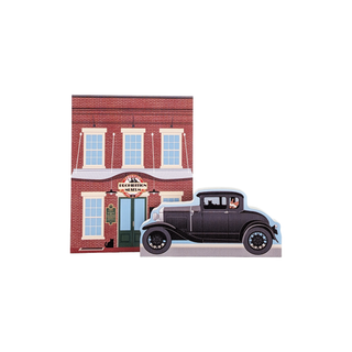 3/4" wooden replica with an illustration of Vintage car in front of a brick building with a sign on a white background