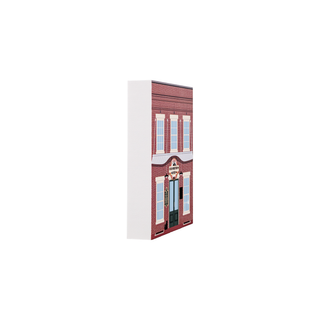 3/4" wooden replica with an illustration of a brick building facade with white frame on a white background
