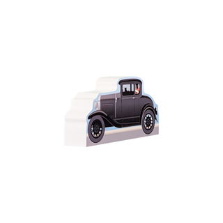 3/4" wooden replica with an illustration of vintage black car
