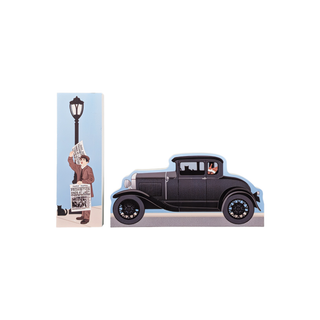 3/4" wooden replica with an illustration of a Vintage-style car and person with a newspaper stand against a white background