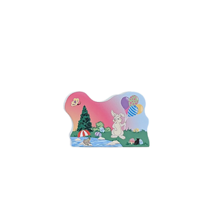 3/4" thick wooden replica with an illustration of a Colorful cartoon scene with characters by a lake on a white background