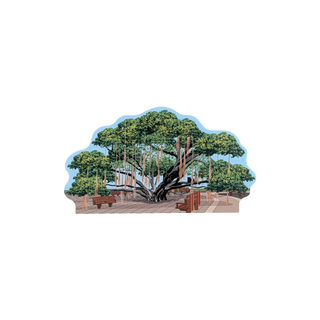 3/4" wooden replica with an Illustration of a large tree with hanging decorations in a park setting.