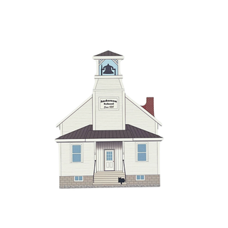 3/4" wooden cut out replica of an Illustration of a school building with a clock tower on a white background