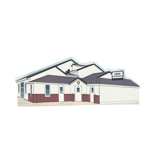 3/4" wooden cut out replica of an Illustration of a building with a sign that reads 'Amish Custom Melts'.