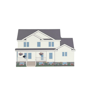 3/4" wooden cut out replica of an Illustration of a two-story house with a white exterior and gray roof on a white background