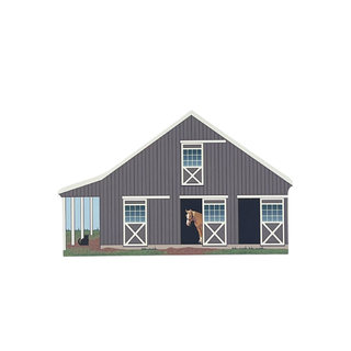3/4" wooden cut out replica of a Gray barn with white windows and doors, featuring a horse inside.