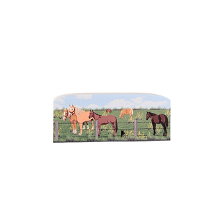3/4" wooden cut out replica of Horses in a field with a fence and blue sky